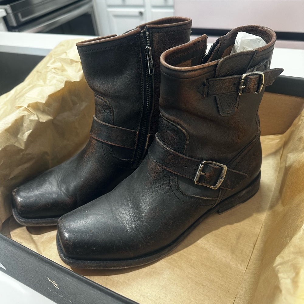 Frye Black Ankle Boots with Buckle Straps and Zipper